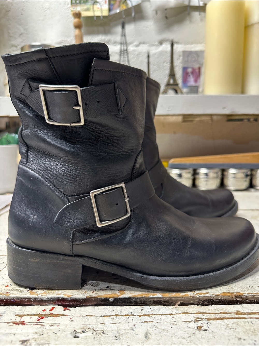 Frye Vintage Vicky Engineer / Moto Black Leather Buckle Boots - Women